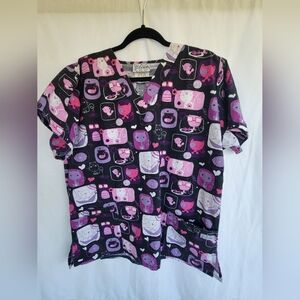 Uniform Advantage Large Purple and Black Cat Design Scrub Top.